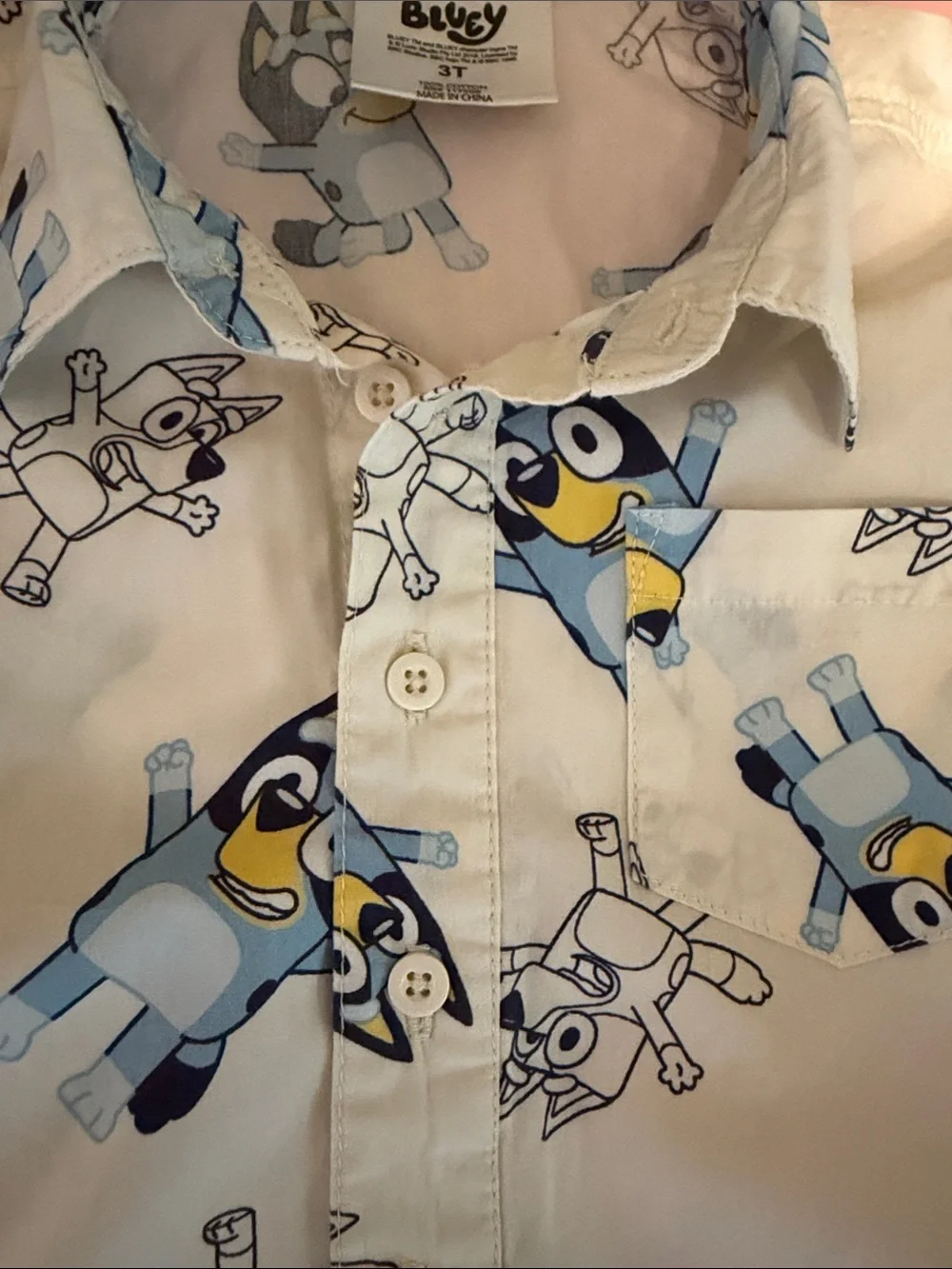 Bluey Button-Up Shirt - White & Blue Print Size 3T Unisex